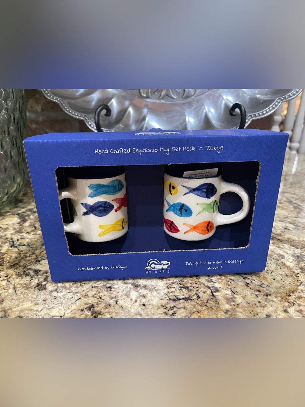 Myth Arts Hand Crafted in Turkey hand painted espresso mug set - colorful fish